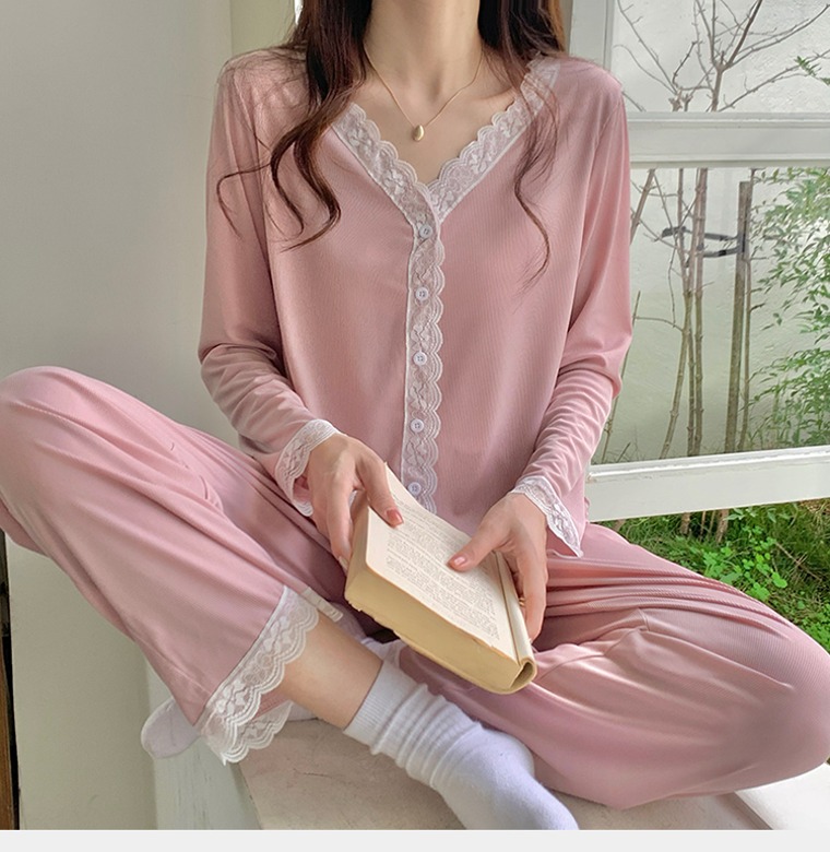 홈웨어 가벼운 핑크레이스 긴팔 잠옷세트
