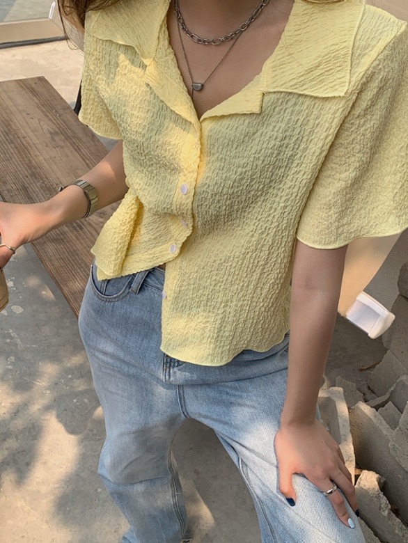 여성 베이직 옐로우 반팔 셔츠